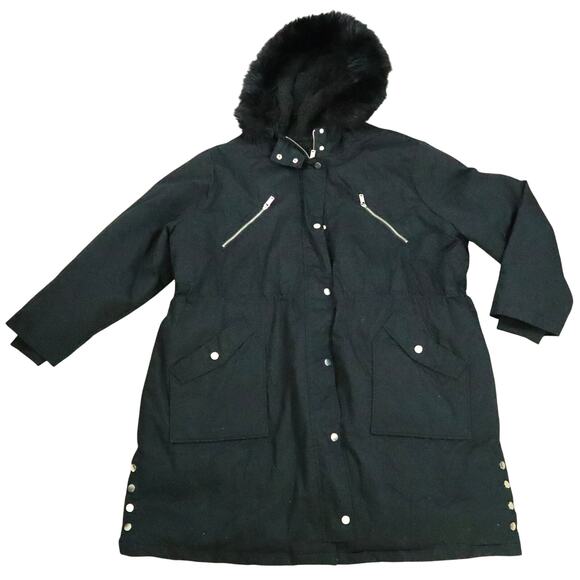 Ellos Black Parka Coat Faux Fur Hooded Cinched Waist Winter Long Plus 30 3X - Picture 1 of 9